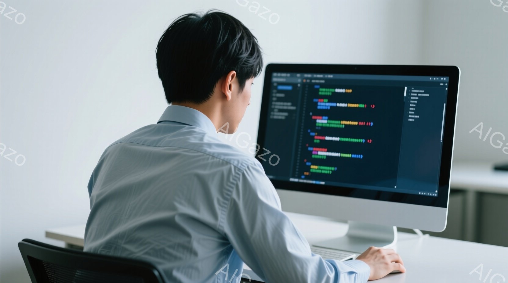 白いシャツを着た男性が、コンピュータの前に座ってプログラミングをしている様子が写っています。彼は後ろ姿で、黒髪は短く整えられており、姿勢はやや前かがみです。背景は明るいオフィスで、画面にはカラフルなコ - AI生成フリー素材