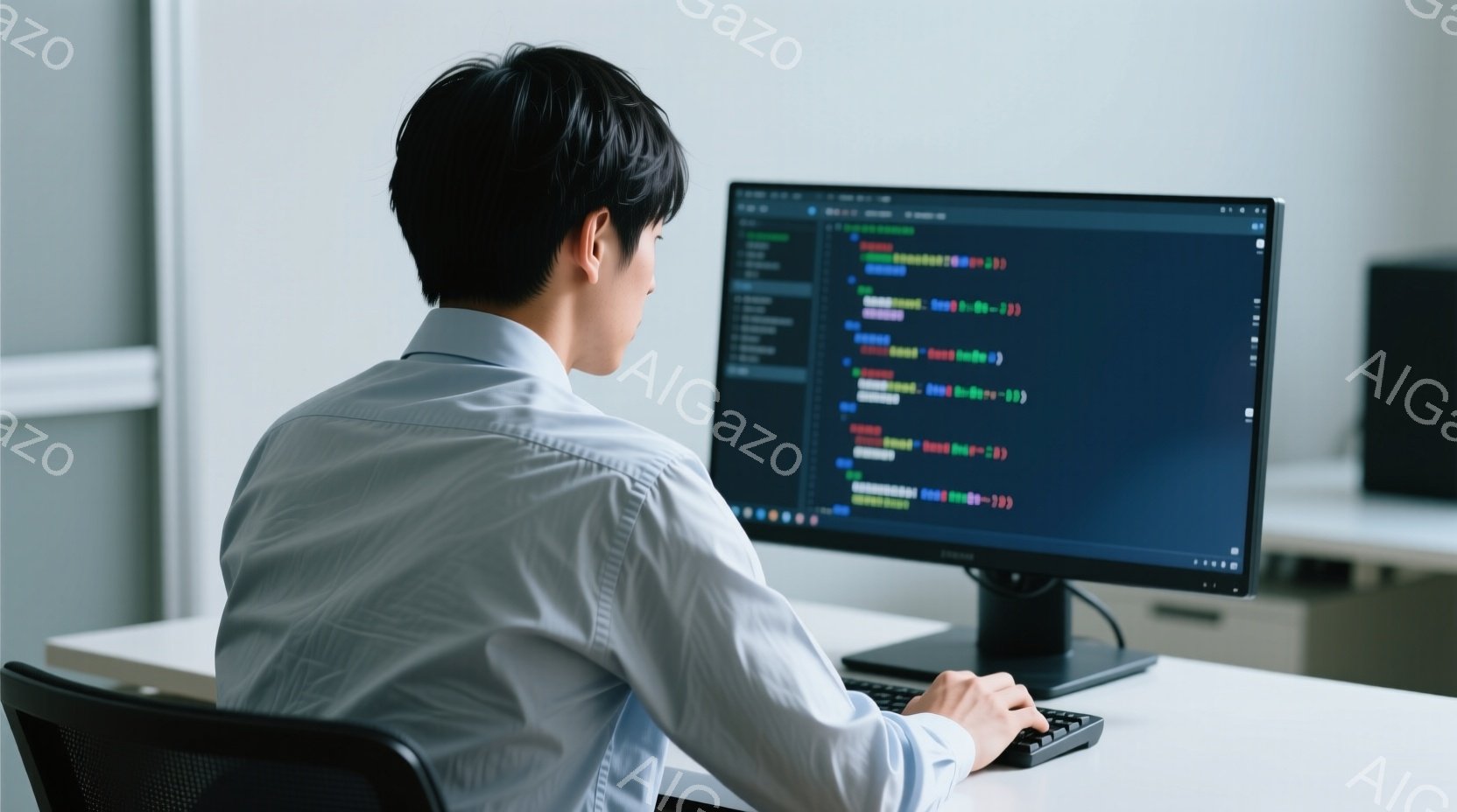 コンピューターの前に座ってプログラミングをしている男性が写っています。彼は白いシャツを着ており、短髪で、背中を向けているため表情は見えません。背景はオフィスのような空間で、モニターとキーボードが置かれ - AI生成フリー素材