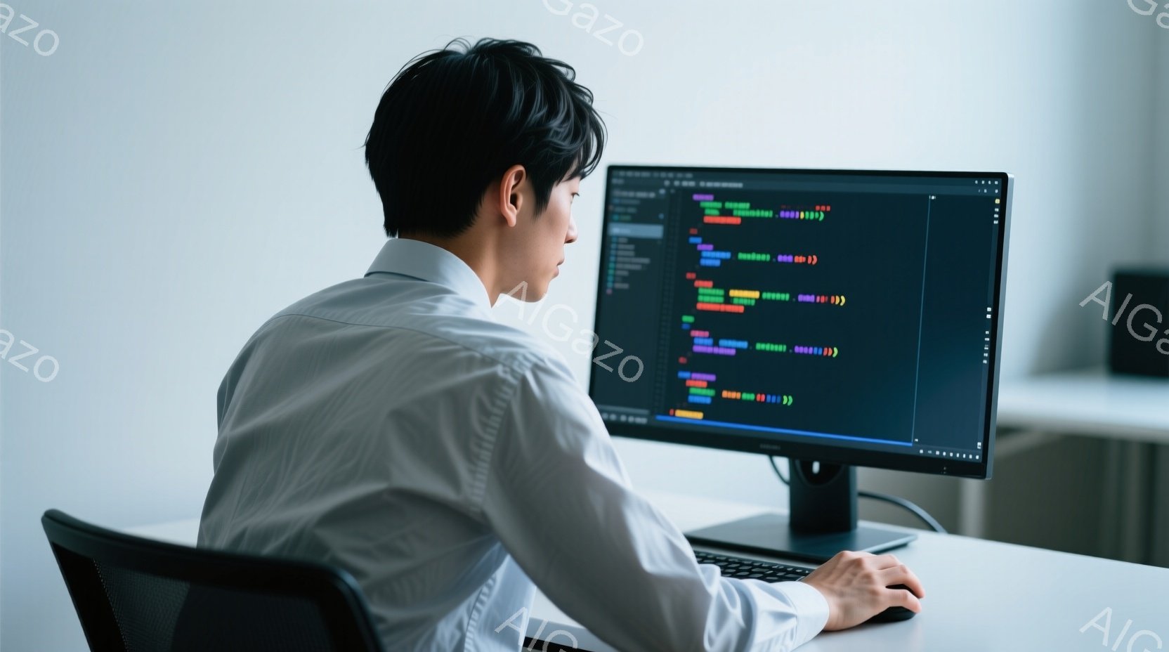 白いシャツを着た男性がコンピューターに向かって座っており、画面にはカラフルなコードが表示されています。彼は少し前かがみの姿勢で、キーボードを操作しているようです。背景はシンプルなオフィスで、全体的に集中して作業に取り組んでいる雰囲気が伝わってきます。