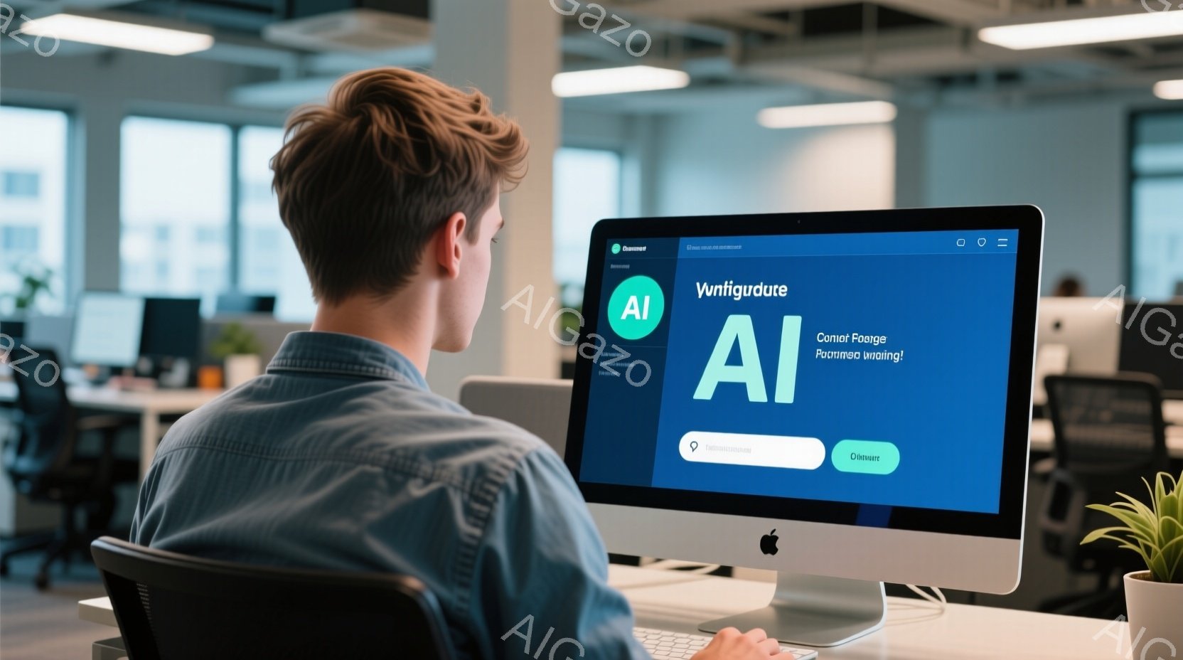 後ろ姿の男性がコンピュータの前に座っている様子が写っています。彼は青いシャツを着ており、短髪で、集中して画面を見つめているようです。背景にはオフィス空間が見え、他のデスクや植物があり、全体的に落ち着いた雰囲気です。