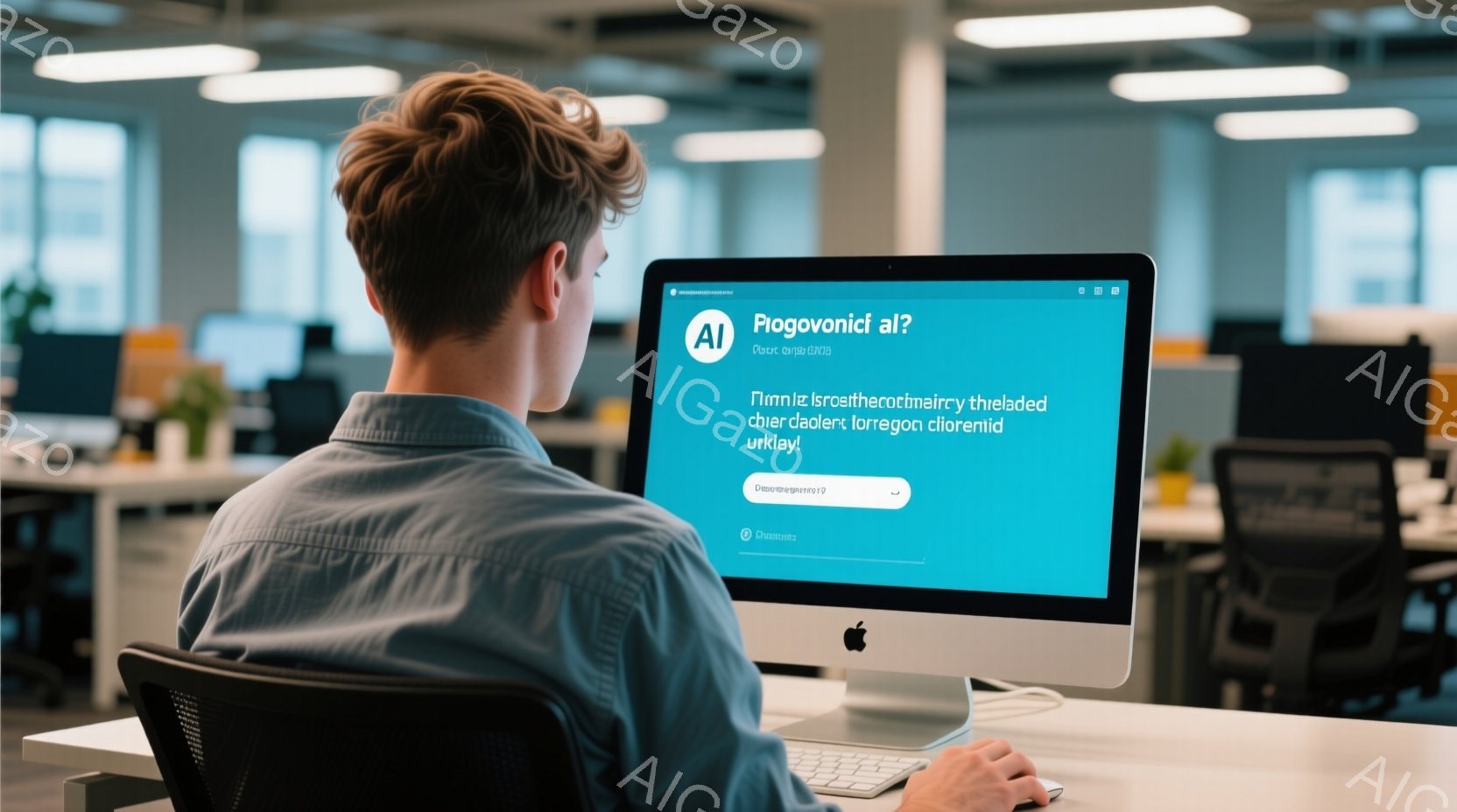 若い男性が椅子に座り、アップルのデスクトップコンピューターを見つめている。彼は青いシャツを着ており、髪は短く整髪されている。背景はオフィスで、他の机や椅子が見え、全体的に明るく清潔な印象を与える。