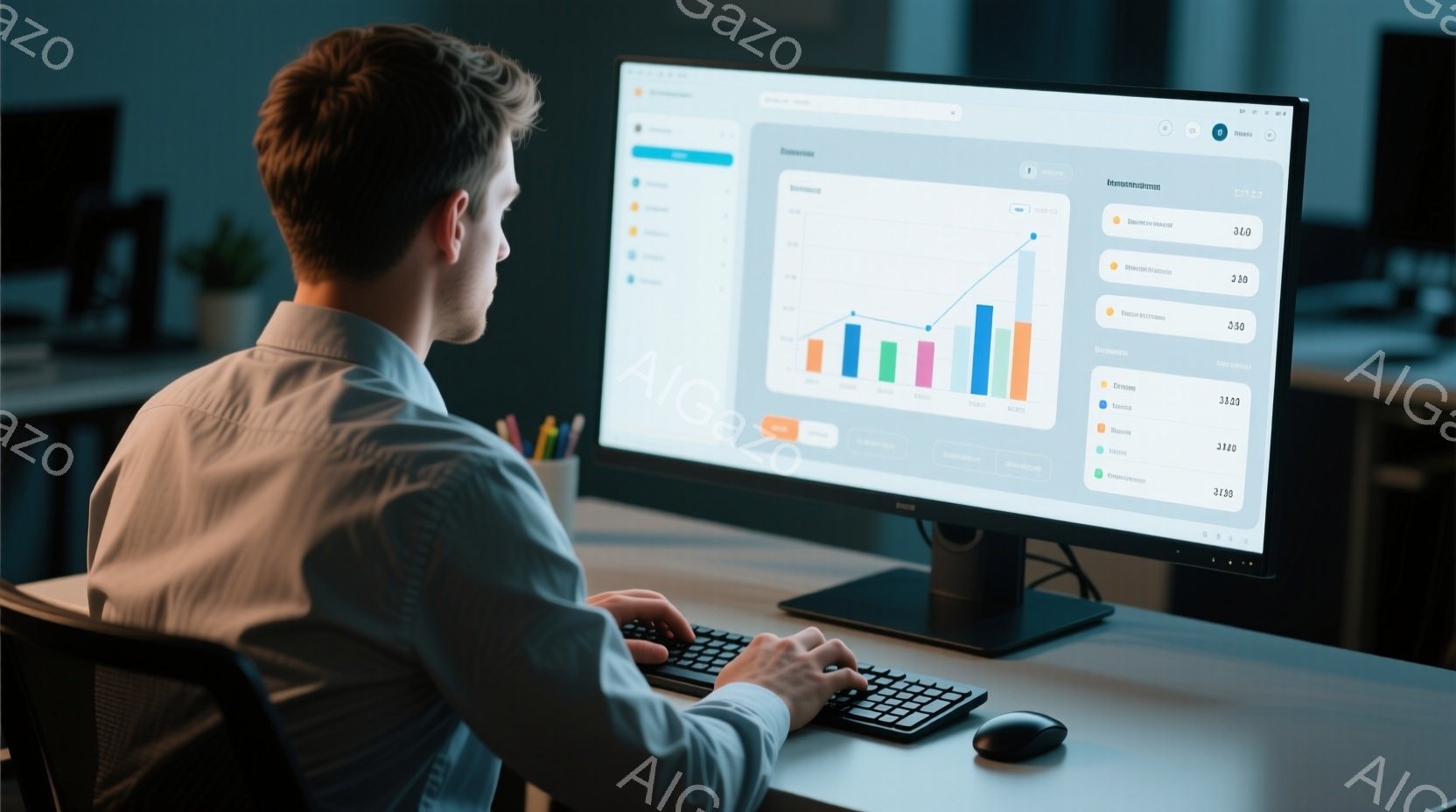 一人の男性がデスクに向かい、コンピューターに向かって作業している様子が写っています。彼は白いシャツを着ており、短髪で、集中してキーボードを操作しています。背景にはオフィスらしき空間がぼやけて見え、全体 - AI生成フリー素材