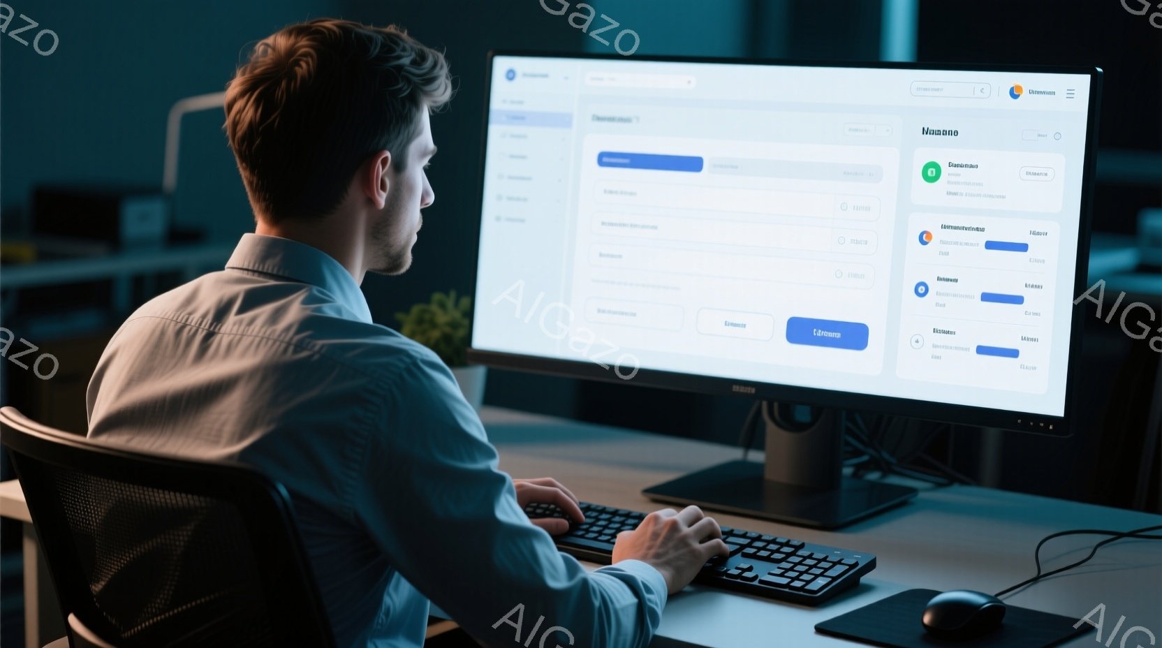 一人の男性がデスクに向かってコンピューターを使用している。彼は白いシャツを着ており、短く整えられた暗い髪をしている。画面には青色のインターフェースが表示されており、彼はキーボードを操作していることから - AI生成フリー素材