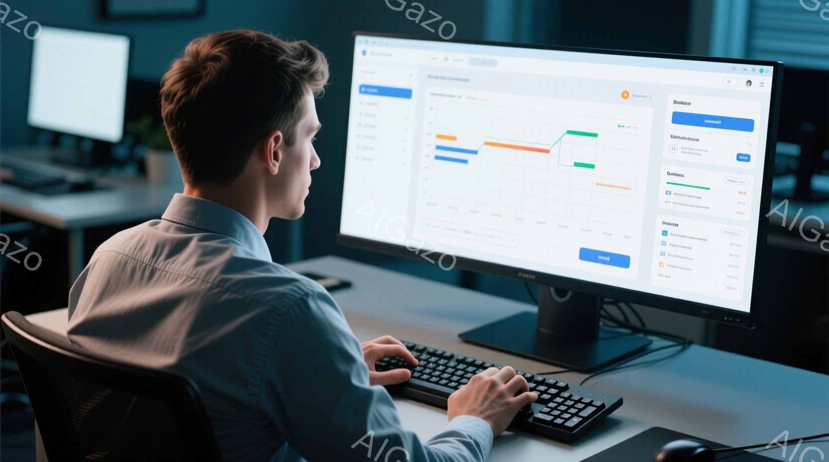 画面に向かってキーボードを操作する男性の背中姿が映っている。彼は白シャツを着ており、短髪で、集中した様子でパソコンを見ている。背景は暗く、オフィスのような空間で、他のモニターや机もわずかに見える。