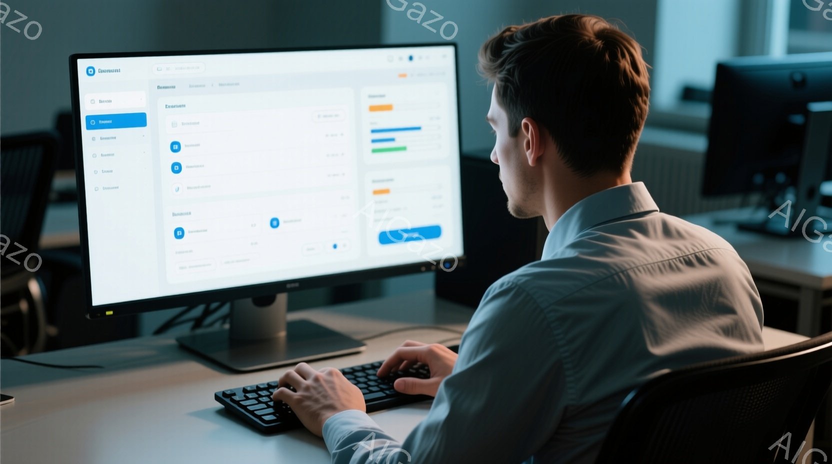 画面に向かってパソコンを操作する男性の背中姿が写っている。彼は薄いブルーのシャツを着ており、短髪で整髪されている。背景はオフィスの一室で、他のパソコンやオフィス家具が見え、全体的に落ち着いた雰囲気である。