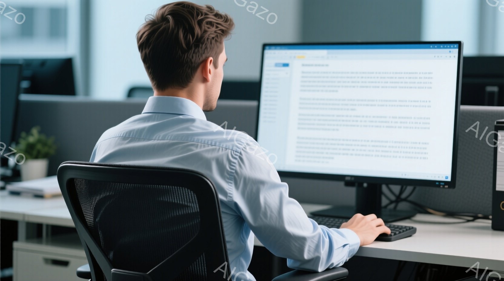 白いシャツを着た男性が、オフィスでパソコンに向かって作業している後ろ姿が写っている。彼は黒い椅子に座り、キーボードを操作しており、画面にはテキストが表示されている。背景には他のオフィス機器や植物が見え - AI生成フリー素材