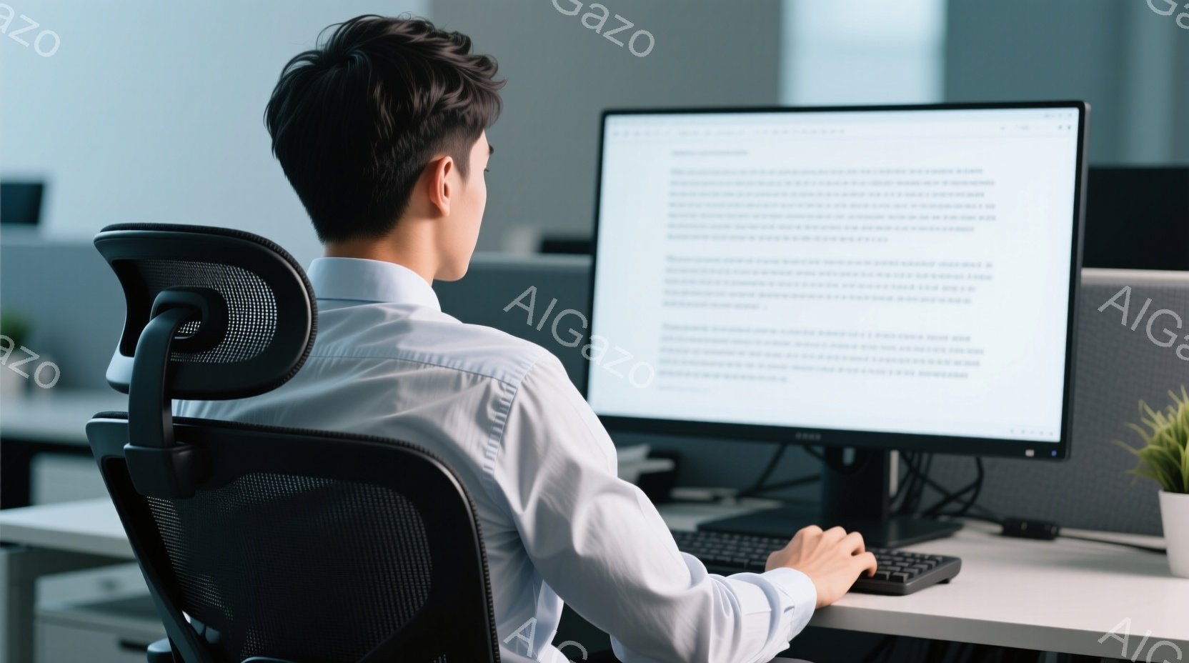 白いシャツを着た男性がオフィスでパソコンに向かって座っている後ろ姿が写っている。彼は黒いメッシュの椅子に深く腰掛け、キーボードを操作している。背景にはオフィス内の他のデスクや、小さな観葉植物が見え、全体的に集中して仕事に取り組む雰囲気が漂っている。