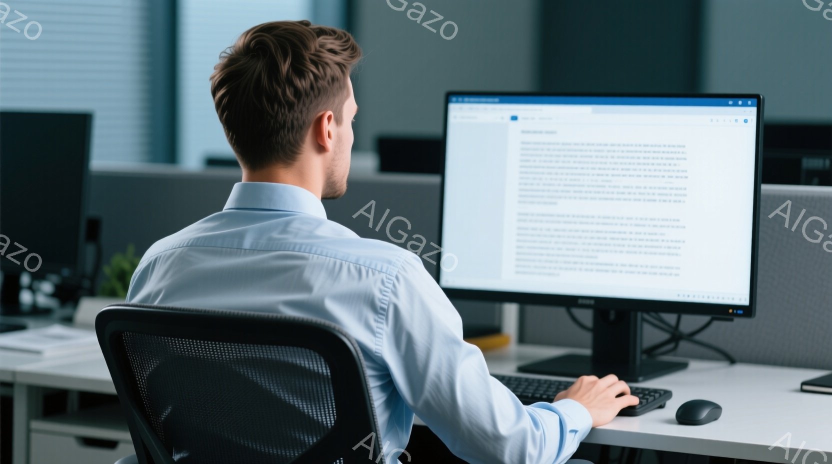 背の高い男性がオフィスでコンピューターに向かって座っており、青いシャツを着ています。彼は後ろ姿で、黒い椅子に座り、キーボードを操作している様子が見られます。背景には他のコンピューターモニターやオフィス家具がぼやけており、落ち着いた雰囲気の職場環境が伺えます。