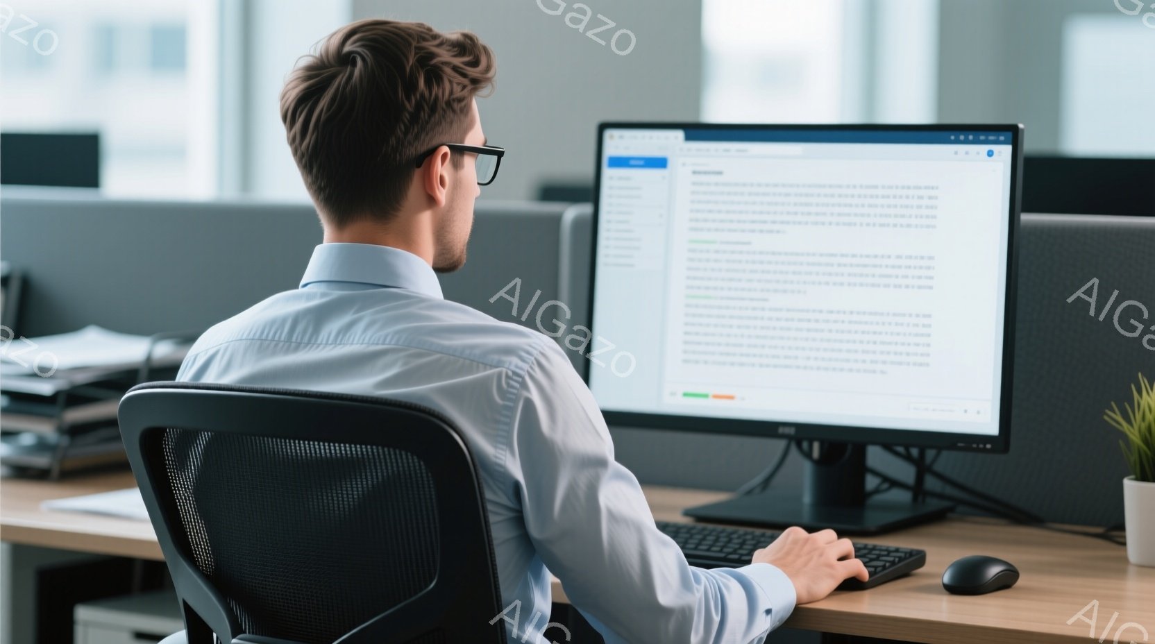 白いシャツを着た男性がオフィスでパソコンに向かっている。彼は黒縁のメガネをかけ、椅子に深く座ってキーボードを操作している。背景はオフィス内の様子で、同僚の姿や書類が見え、全体的に静かで集中した雰囲気である。