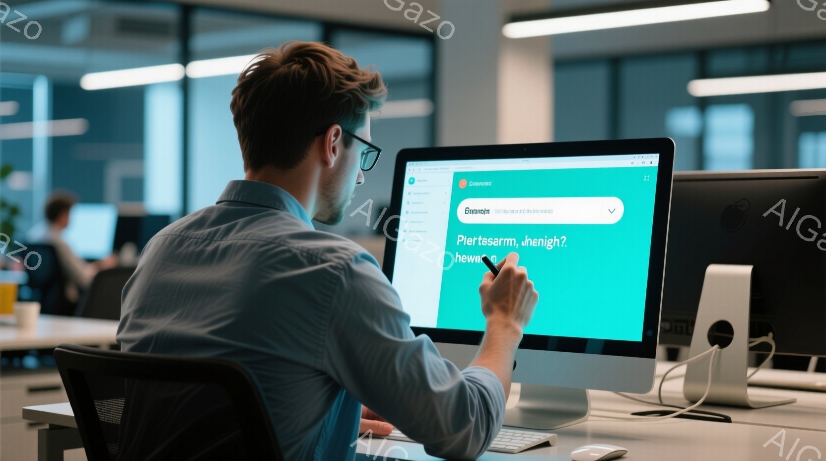 白いシャツにネイビーのセーターを着た男性が、大きなコンピューターの画面を見つめています。彼は椅子に座り、わずかに前かがみの姿勢で、画面に手を伸ばしています。背景には、モダンなオフィス空間と大きな窓から差し込む自然光が見え、全体的に明るくプロフェッショナルな雰囲気が漂っています。