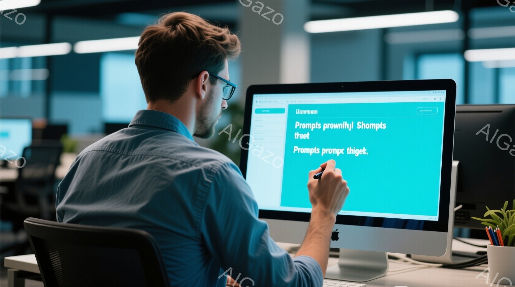 背の高い男性がオフィスでコンピューターに向かっています。彼は青いシャツを着ており、短く整えられた髪をしていて、画面を指で操作しています。背景にはオフィス環境が見え、緑の植物がアクセントとして置かれ、全体的に集中して仕事に取り組む雰囲気が漂っています。