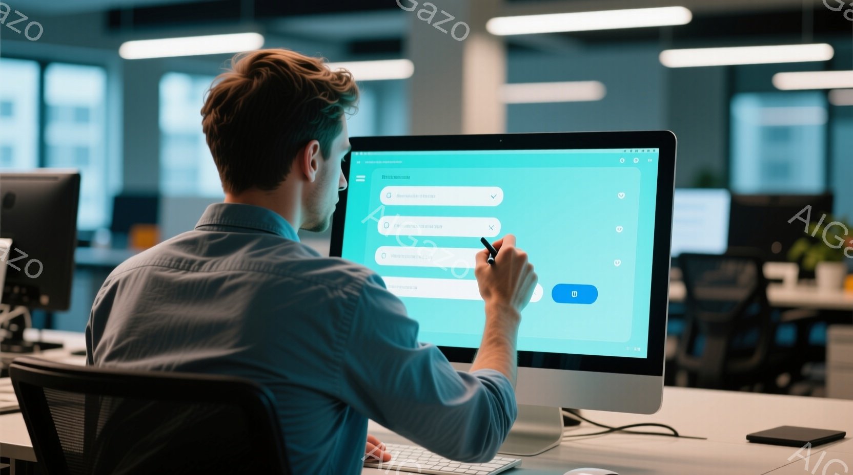 背の高い男性が椅子に座り、コンピューターの大きなモニターを操作している。彼は青いシャツを着ており、髪は短く整えられている。背景にはオフィスのような空間が広がり、他のモニターや植物が見え、全体的にモダン - AI生成フリー素材