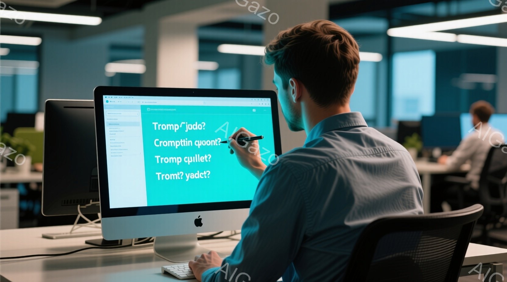 若い男性がオフィスで iMac の画面を指している。彼は青いシャツを着ており、後ろ姿のため表情は見えないが、姿勢から真剣に何かを説明している様子が窺える。背景には他のオフィスワーカーやモダンなオフィス家具が見え、全体的に明るく活気のある雰囲気である。