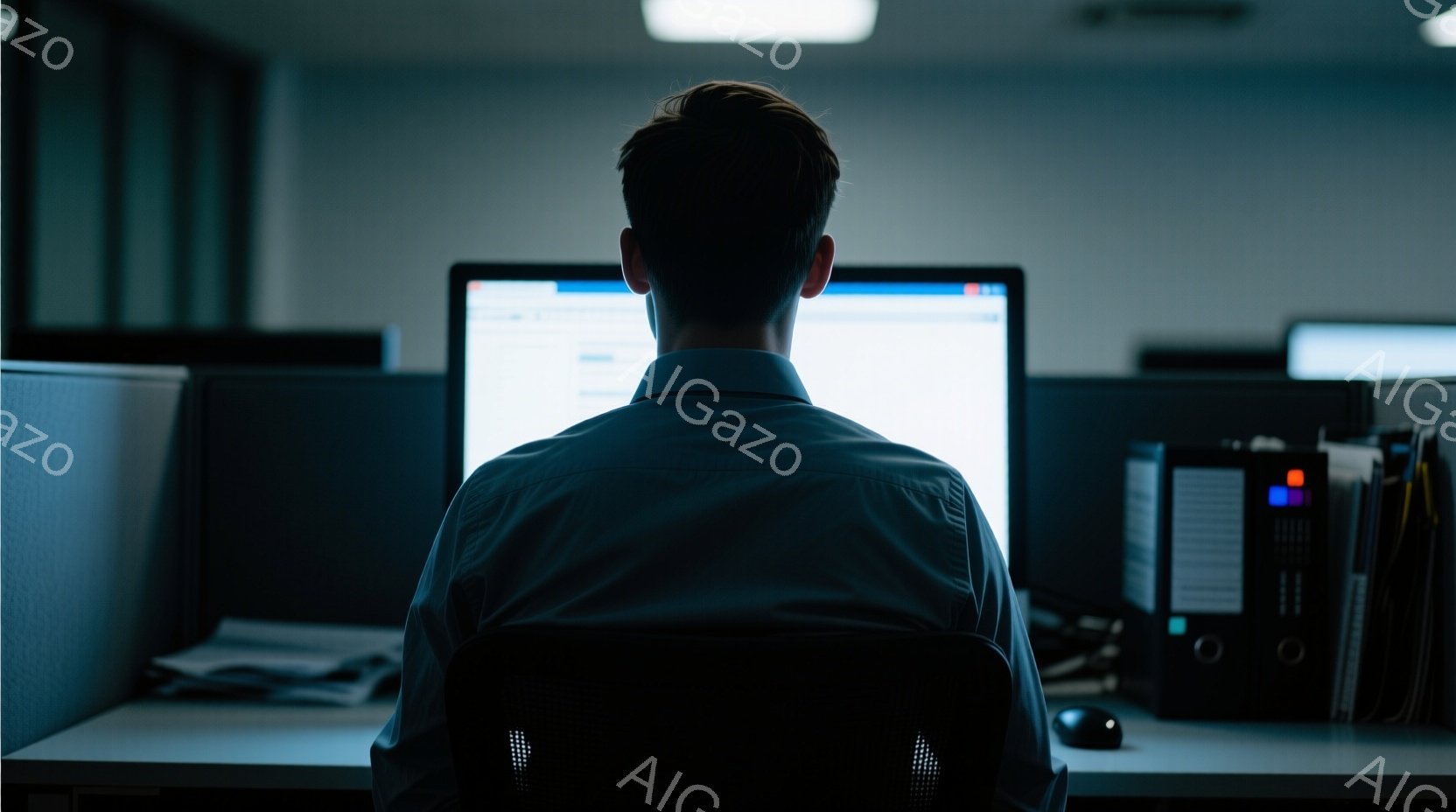 オフィスでコンピューターに向かっている男性の背中からのショットです。彼は白いシャツを着ており、黒髪は短く整えられています。背景にはオフィス家具や書類が薄暗く見え、集中して仕事に取り組む静かで孤独な雰囲気を醸し出しています。