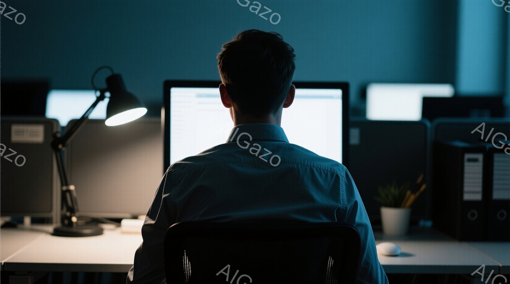 白いシャツを着た男性が背中でモニターを見つめている。デスクには小さな観葉植物、ペン、ファイルなどが置かれ、デスクライトが彼の背中を照らしている。全体的に暗い背景は、夜遅くにオフィスで仕事をしている孤独な雰囲気を醸し出している。
