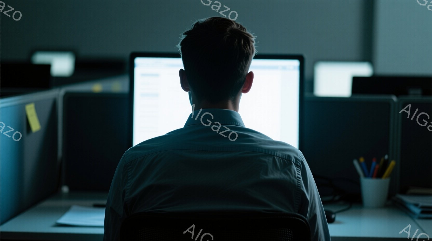 白いシャツを着た男性が、オフィスでパソコンに向かって座っている後ろ姿が写っている。オフィスは暗く、他のデスクがぼんやりと背景に見えるが、集中して作業している様子が伝わってくる。全体的に青みがかったトーンで、静かで集中した雰囲気が漂っている。