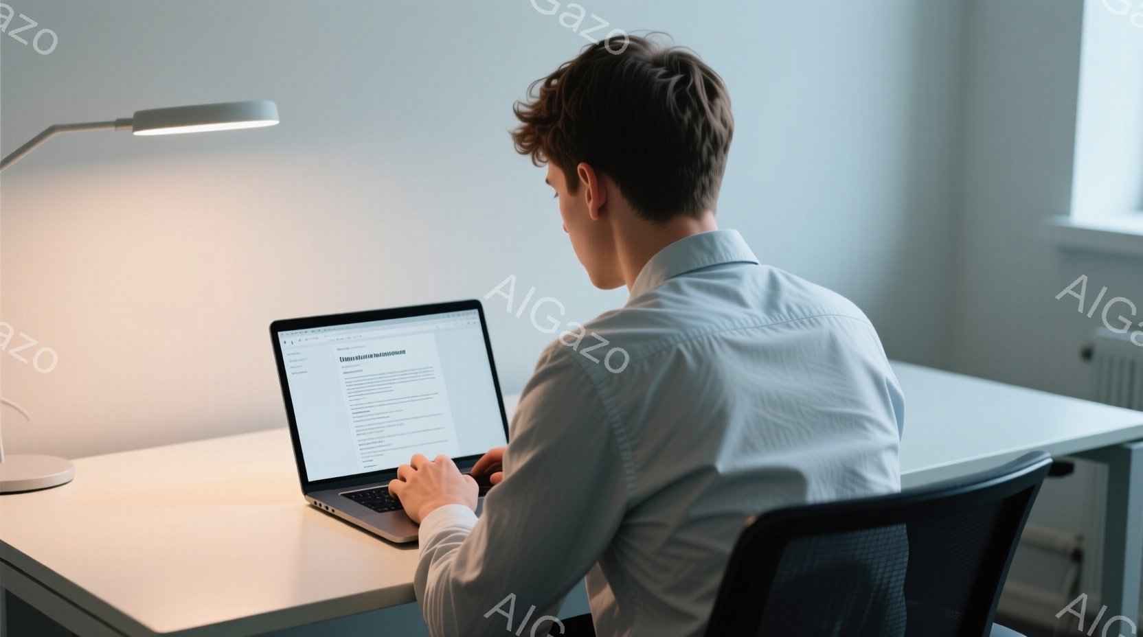白いシャツを着た男性がノートパソコンに向かって座っており、集中してキーボードを操作している様子が伺える。彼は黒髪で、後ろ姿のため表情ははっきりしないが、姿勢から真剣に取り組んでいることがわかる。背景は白を基調としたシンプルな室内で、光が差し込み、モダンで落ち着いた雰囲気を醸し出している。