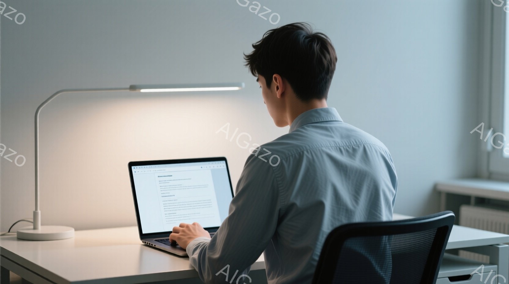 薄い灰色のシャツを着た男性がノートパソコンに向かって座っています。彼は椅子に座り、少し前かがみの姿勢でタイピングをしているようです。背景は白くシンプルなデスクで、左側にはランプと白い物体があり、全体的 - AI生成フリー素材