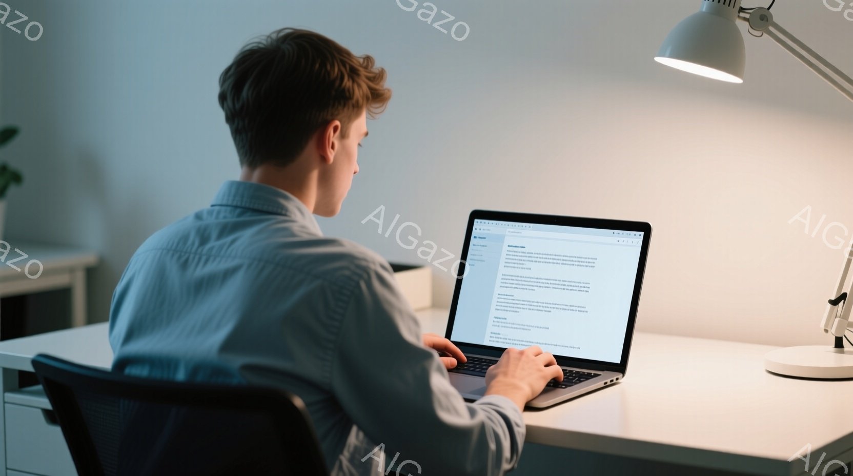 若い男性が白いシャツを着て、黒い椅子に座り、ノートパソコンに向かっています。彼は背中を丸めて画面を見つめ、集中して何かを入力しているようです。背景は白を基調としたシンプルな部屋で、デスクライトが彼の作 - AI生成フリー素材