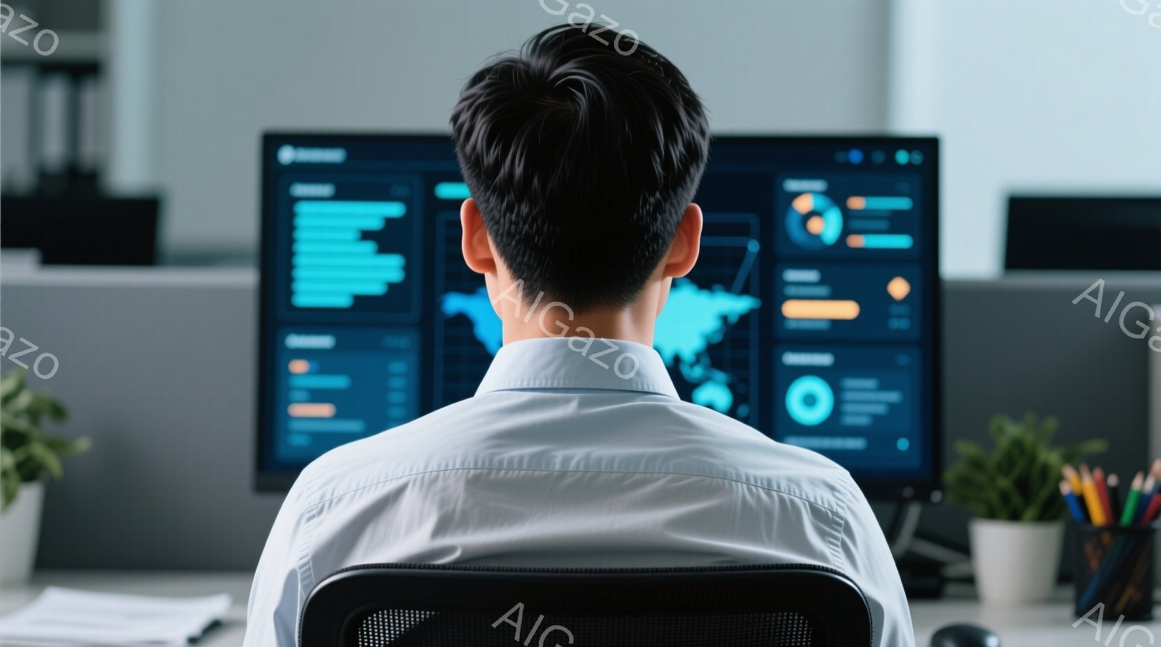白いシャツを着た男性が、光るモニターを見つめています。彼は背もたれのある椅子に座っており、後ろ姿しか見えません。背景には、観葉植物とオフィス環境が見え、全体的に集中と分析を思わせる静かでプロフェッショナルな雰囲気が漂っています。