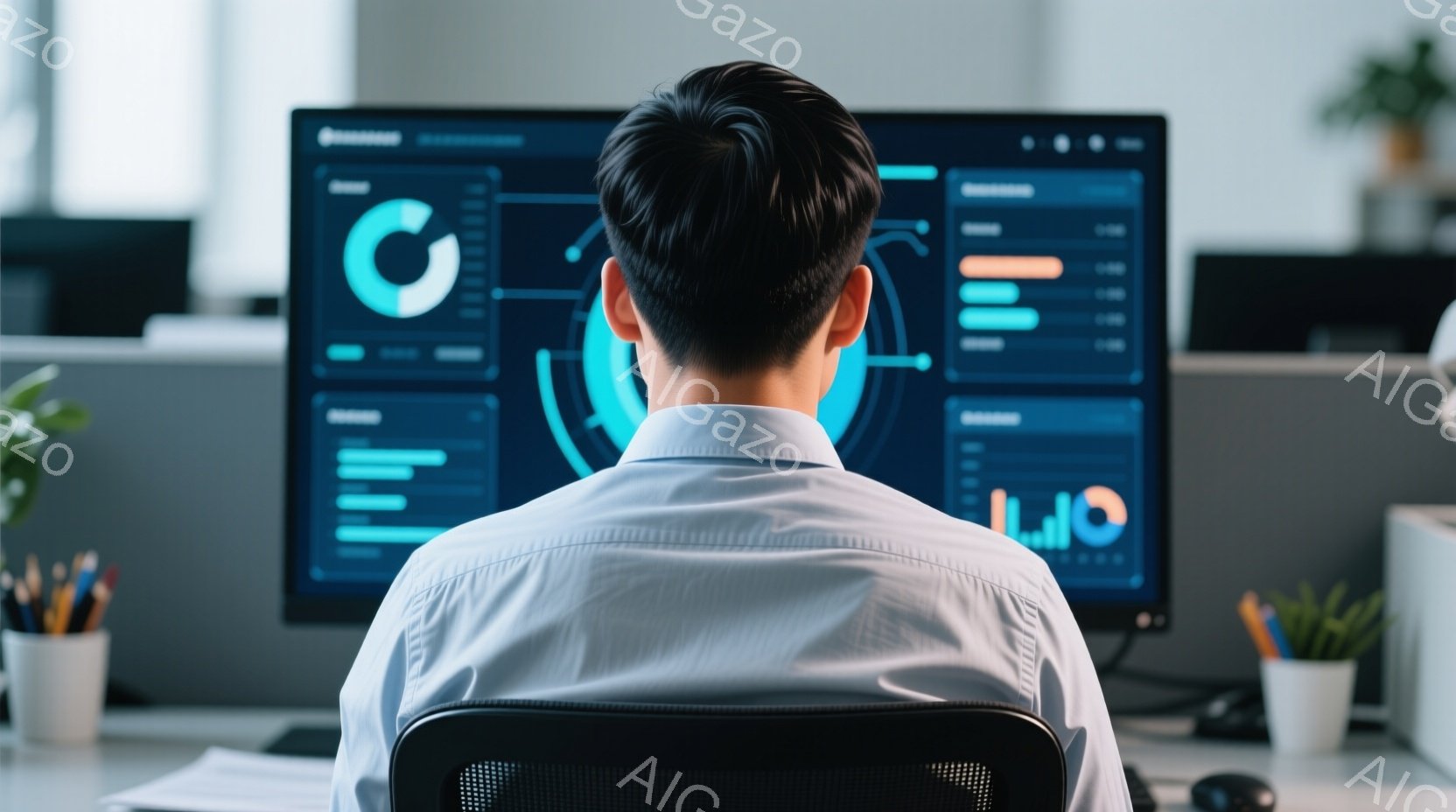 白いシャツを着た男性が椅子に座り、光るデータ分析画面を見つめている。背景には、植物や筆記用具が置かれたデスクと、ぼやけたオフィス環境が見える。全体的に集中と分析を促す、静かでプロフェッショナルな雰囲気である。