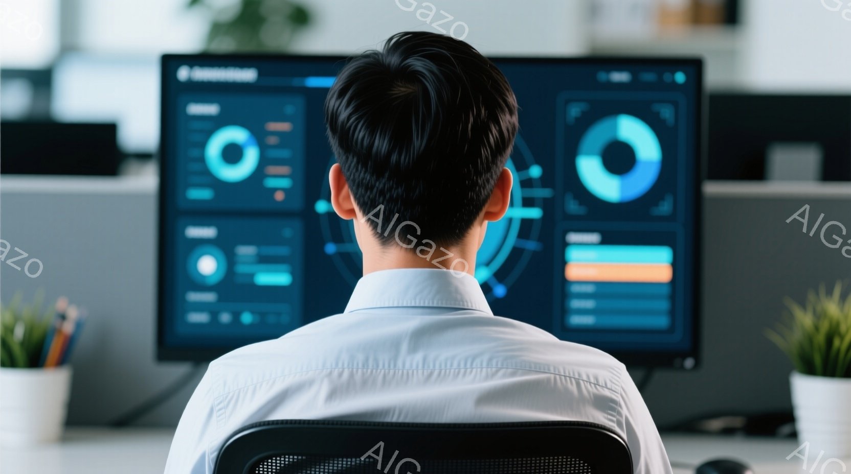 白いシャツを着た男性が、コンピューターの画面を見つめています。彼は椅子に座っており、画面にはグラフやデータが表示されています。背景にはオフィスの一部が見え、観葉植物が置かれており、全体的に落ち着いた雰囲気です。