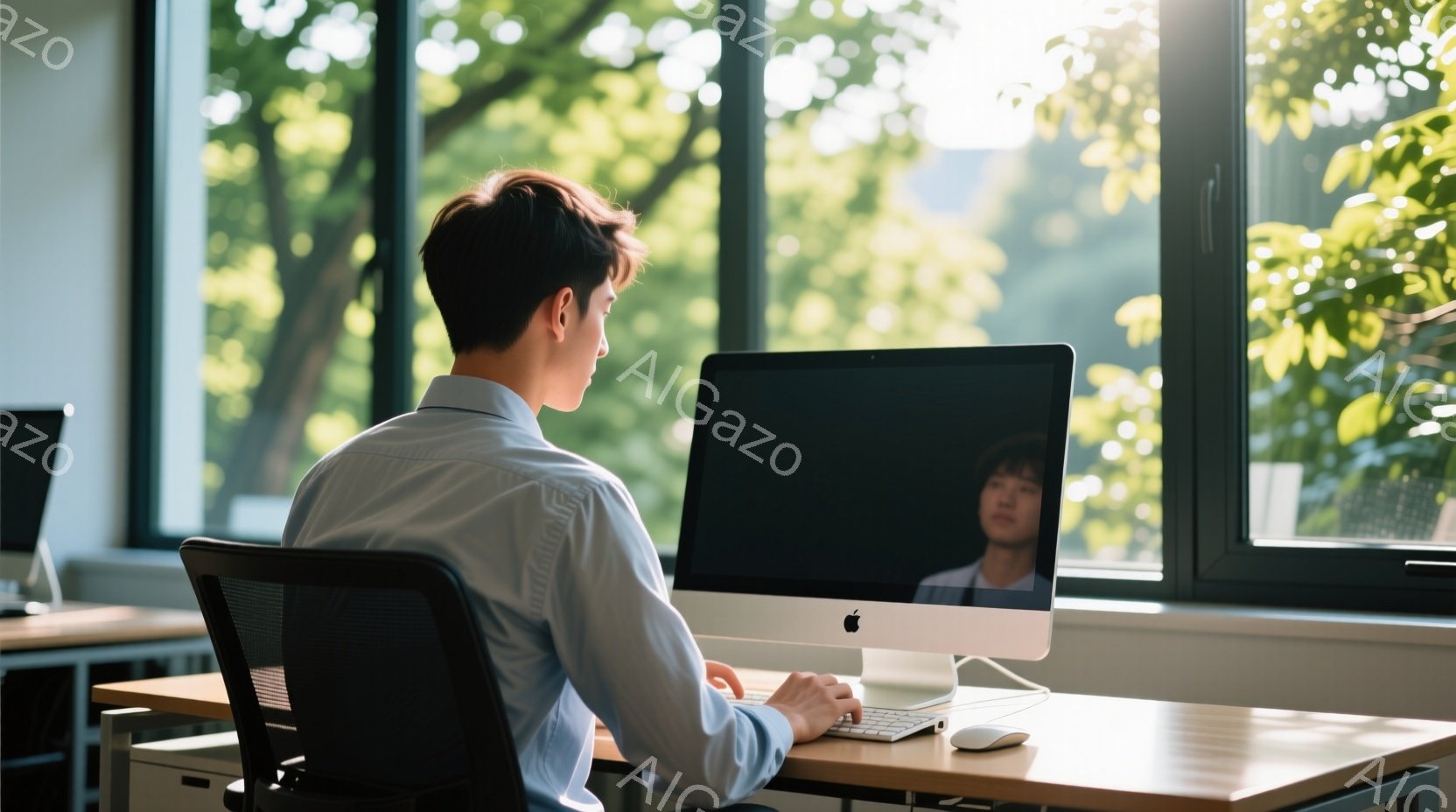 白いシャツを着た男性が、明るい部屋でコンピュータの前に座っています。彼は後ろ姿で、姿勢はやや前傾姿勢で、キーボードを操作しているようです。背景には大きな窓があり、緑豊かな木々が見え、日差しが差し込み、 - AI生成フリー素材