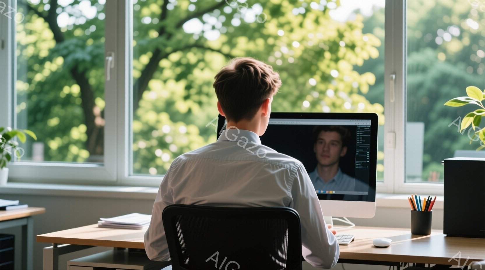 白いシャツを着た男性が背中から見た状態で、コンピュータの前に座っています。彼は黒い椅子に座り、画面には別の男性の顔が映っています。背景には緑豊かな木々が見える窓があり、室内は明るく、穏やかな雰囲気が漂っています。