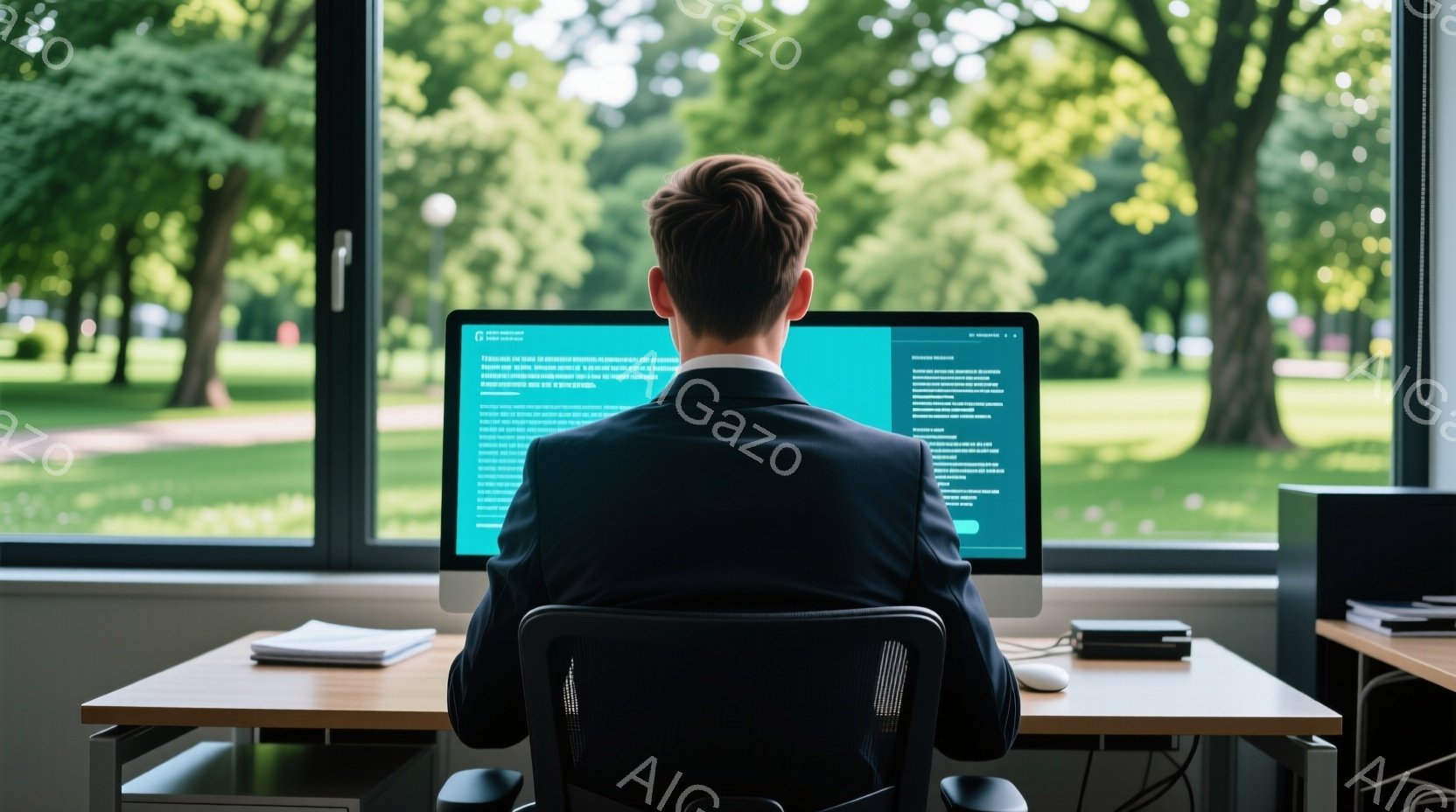 背の高い男性がコンピュータに向かって座っており、黒いスーツを着ています。彼は後ろ姿で、髪は短く整えられています。窓の外には緑豊かな木々と青空が広がり、明るく穏やかな雰囲気です。