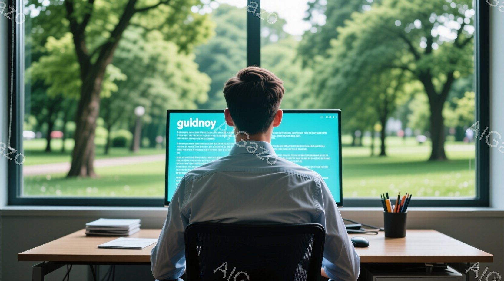 白いシャツを着た男性が、窓辺の机に向かってパソコン作業をしている。後ろ姿のため表情は不明だが、姿勢は真剣で集中している様子が伺える。窓の外には緑豊かな公園が広がり、晴れた日の穏やかな雰囲気が漂っている。