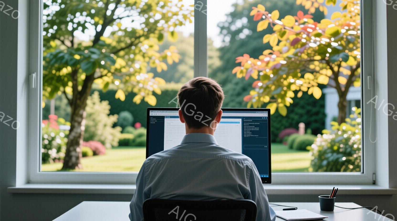 白いシャツを着た男性が、窓を背にしてコンピュータに向かっています。彼は黒い椅子に座り、背筋を伸ばした姿勢で、画面上のコードを見つめています。背景には緑豊かな庭園が広がり、晴れた空と木々が穏やかな雰囲気 - AI生成フリー素材