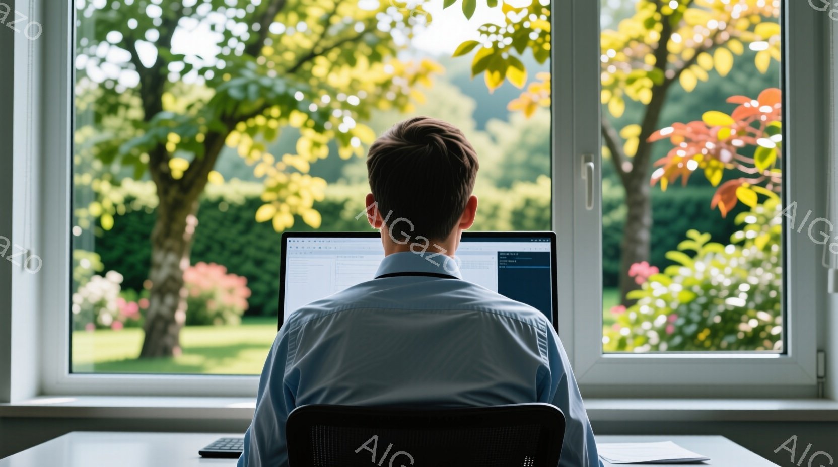 白いシャツを着た男性が、窓を背にしてパソコンに向かっています。庭の緑と花が背景に見え、穏やかな日差しが差し込んでいます。男性は背中を見せているため表情はわかりませんが、姿勢から仕事に集中している様子が - AI生成フリー素材