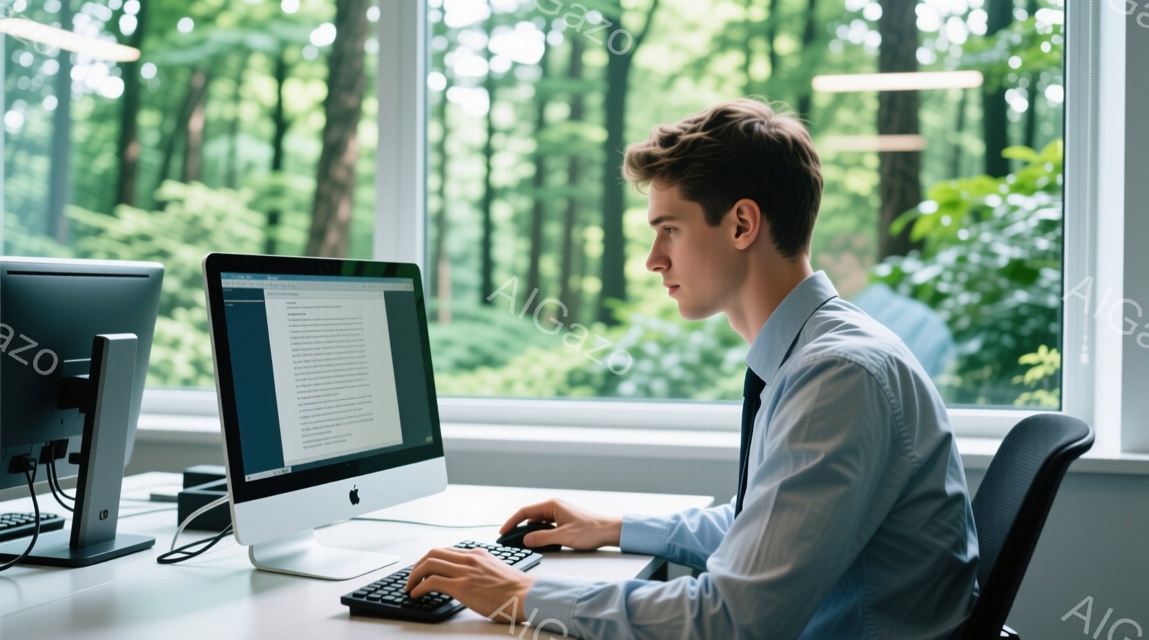 若い男性が白いシャツにネクタイ姿で、コンピュータの前に座ってキーボードを操作している。彼は集中した表情で、姿勢はまっすぐで、窓の外には緑豊かな森が見える。オフィス内は明るく、落ち着いた雰囲気で、自然光 - AI生成フリー素材