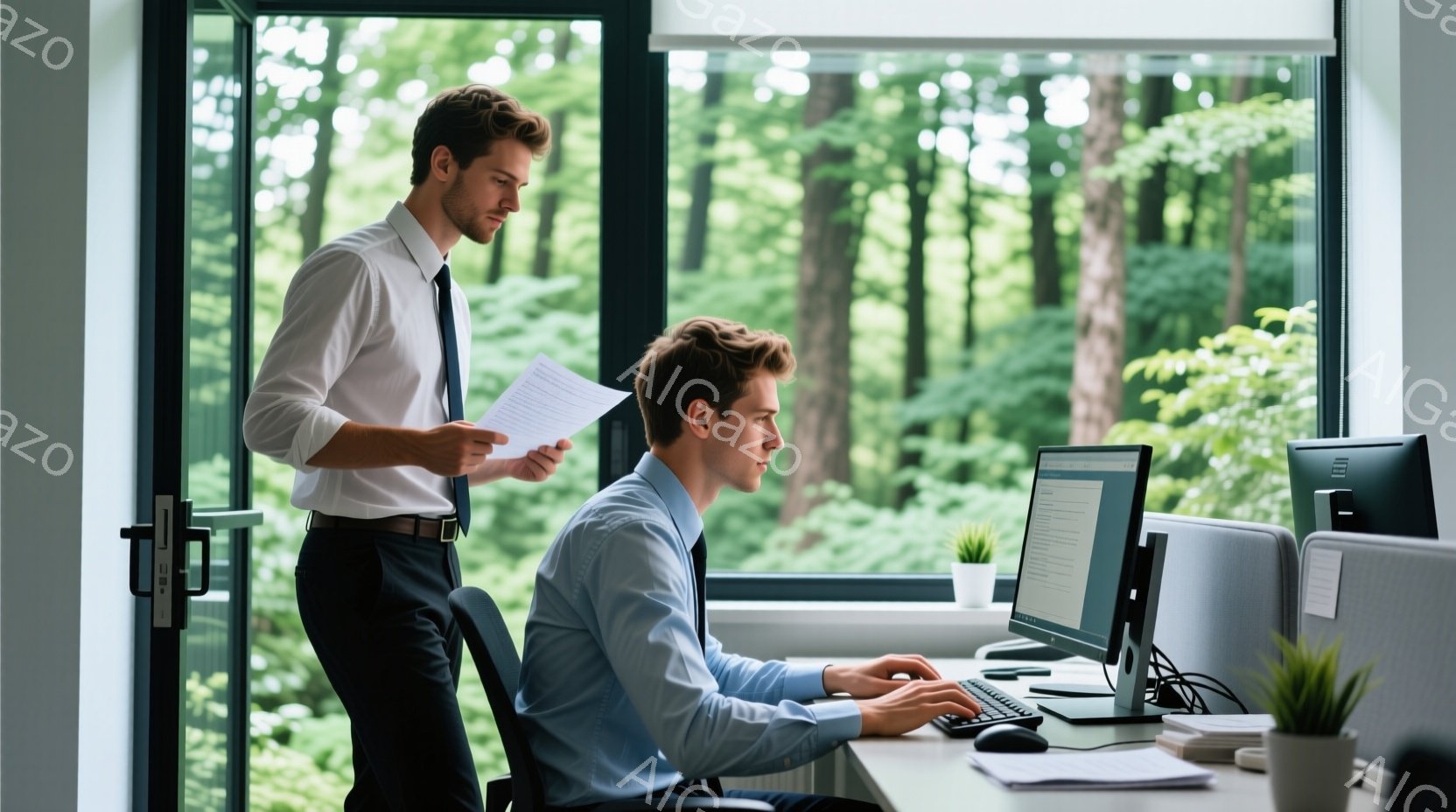 紺色のスーツに白いシャツを着た男性が、書類を手にオフィスで立っている。別の男性は椅子に座り、コンピューターに向かってキーボードを操作している。背景には緑豊かな木々が見え、自然光が差し込み、オフィス内は明るく、落ち着いた雰囲気である。