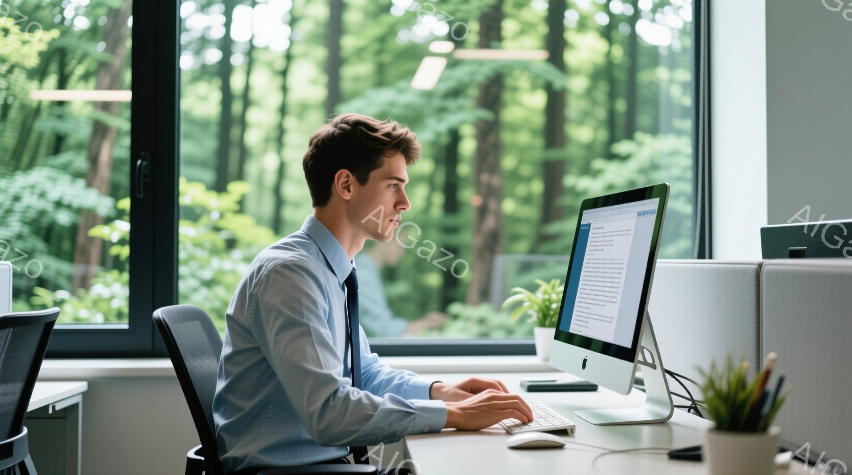 若い男性がオフィスでパソコンに向かって作業をしている。彼は青いシャツにネクタイをしており、短髪で真剣な表情をしている。窓の外には緑豊かな木々が見え、オフィス内は明るく穏やかな雰囲気である。