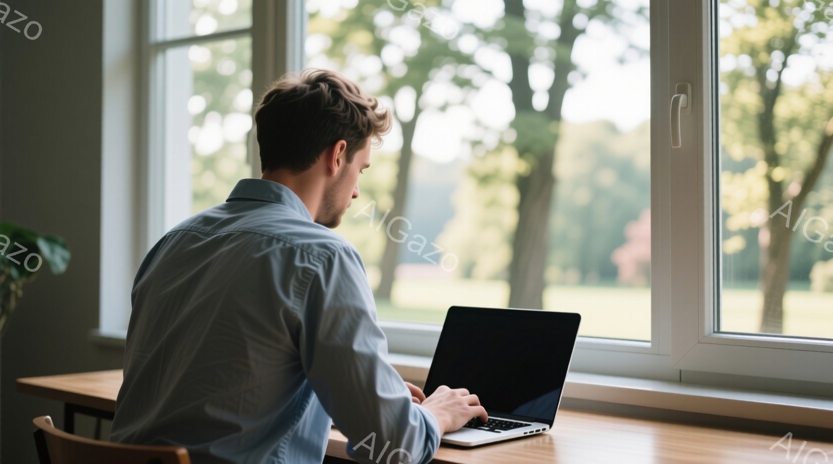 白いシャツを着た男性が窓際の机でノートパソコンに向かっています。彼は少し後ろ姿で、ダークブラウンの髪は無造作にセットされています。窓の外には緑豊かな木々が見え、晴れた日の穏やかな雰囲気が漂っています。 - AI生成フリー素材