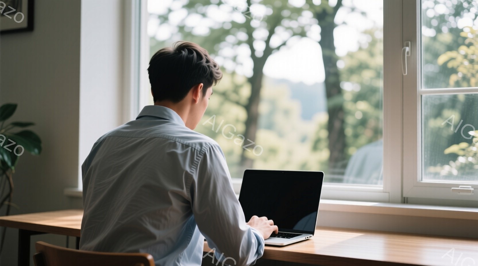 白いシャツを着た男性が窓辺の机でノートパソコンに向かっています。彼は背を向けており、黒髪は短く整えられています。背景には緑豊かな木々が見え、明るい自然光が室内を照らしており、穏やかで集中した雰囲気です - AI生成フリー素材