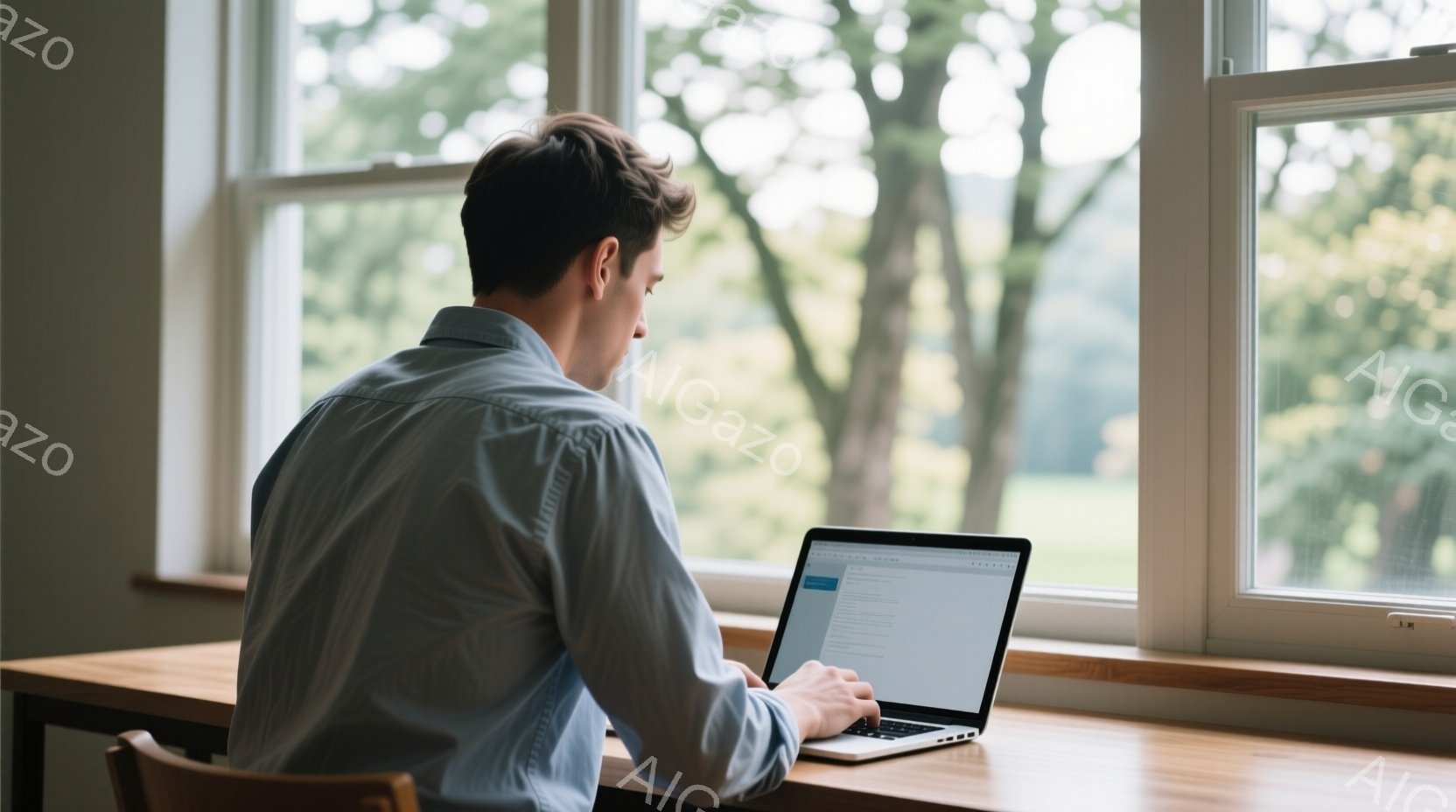 白いシャツを着た男性が、窓際の机でノートパソコンに向かっています。彼は後ろ姿で、茶色の髪は少し無造作に整えられています。背景には緑豊かな木々が見え、柔らかい自然光が差し込み、穏やかで落ち着いた雰囲気が - AI生成フリー素材