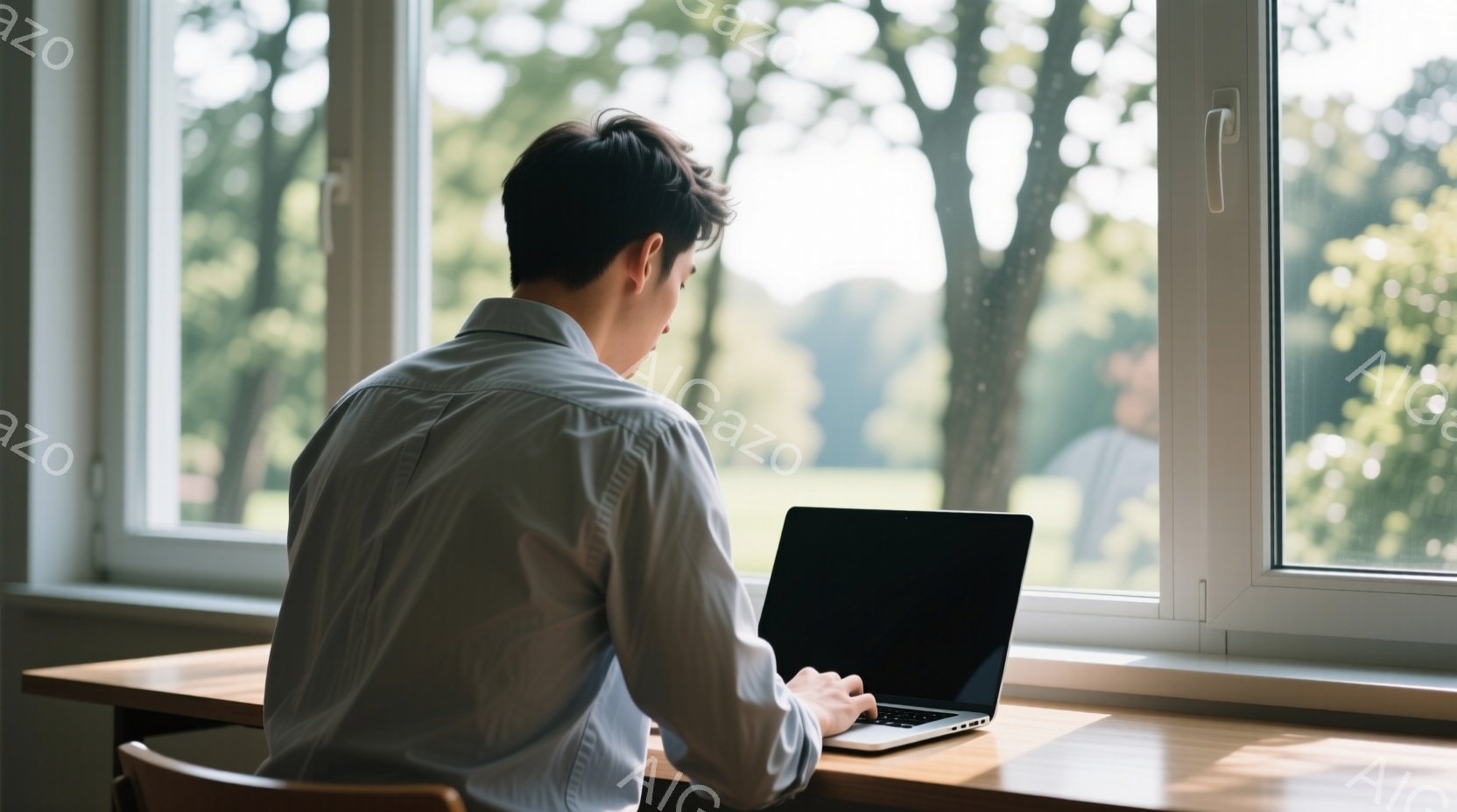 白いシャツを着た男性が、窓際の木の机でノートパソコンに向かって何か作業をしている様子が写っている。彼の髪は短く、後ろから見ると表情は読み取れないが、姿勢は集中しているように見える。背景には緑豊かな木々が広がり、晴れた日の穏やかな雰囲気が漂っている。