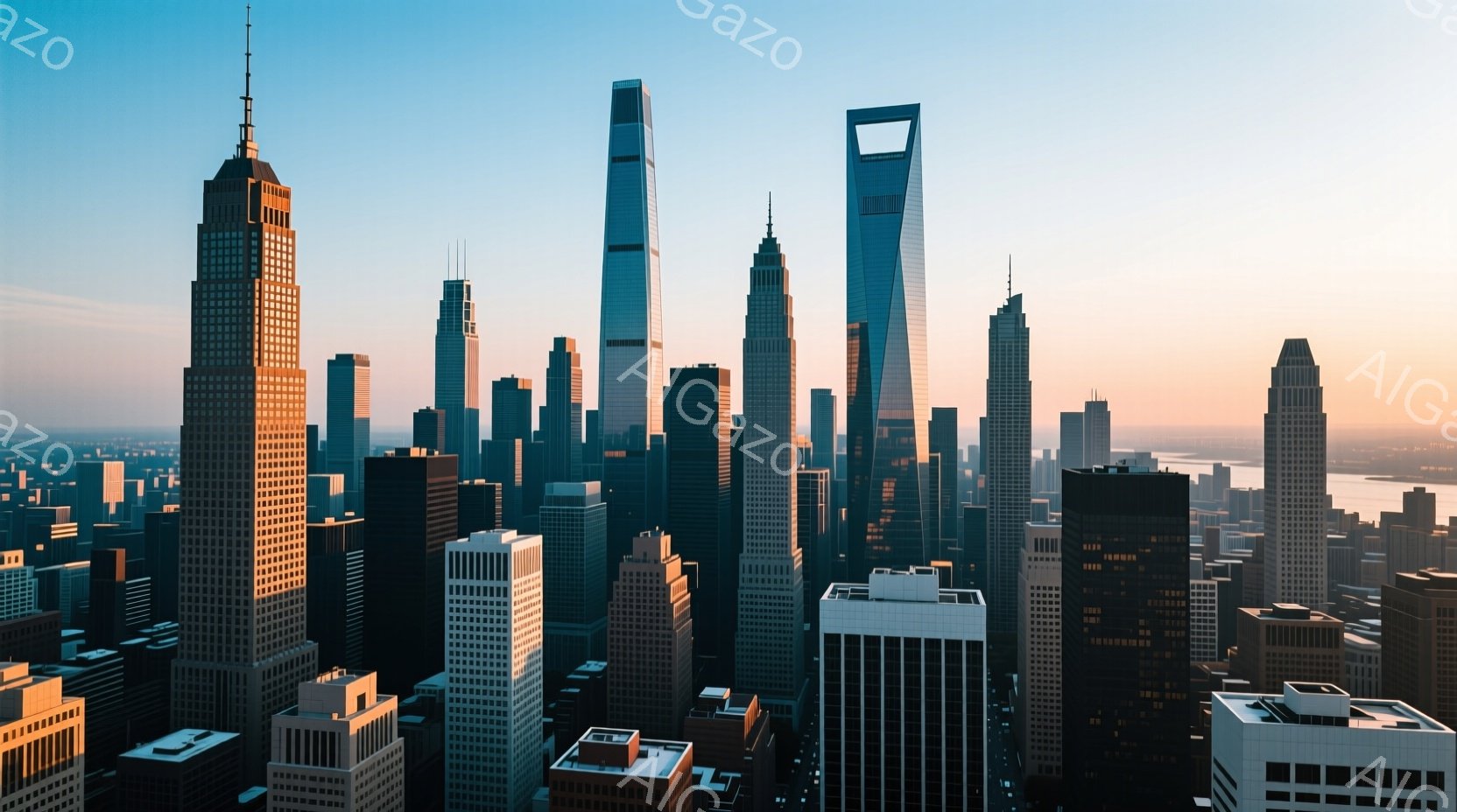 高層ビル群が密集した都市の風景で、特に中央にそびえ立つ独特な形状の建物が目立ちます。空は晴れ、朝焼けのようなオレンジ色の光が都市全体を柔らかく照らし、活気がありつつも穏やかな雰囲気を醸し出しています。背景には川が見え、都市と自然が調和した美しい景観が広がっています。