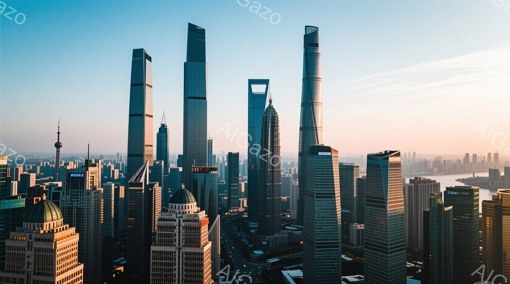 上海の近代的な高層ビル群を捉えた空中写真です。高層ビルはガラスと金属で覆われ、青空の下でそびえ立っています。遠くには、霧のかかった川や、密集した都市の風景が広がっており、未来的な都市の活気と壮大さを感じさせます。
