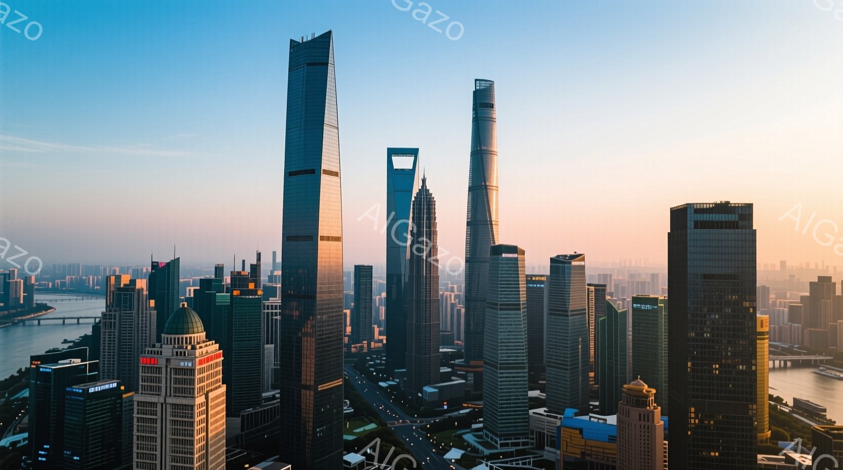 上海の浦東新区の高層ビル群が、朝日の光を浴びて輝いている様子が捉えられています。高層ビルはガラス張りの近代的なデザインで、密集して立ち並び、壮大な都市景観を作り出しています。遠方には川が流れ、橋が架かっており、都市の活気と自然の静けさが共存する風景が広がっています。