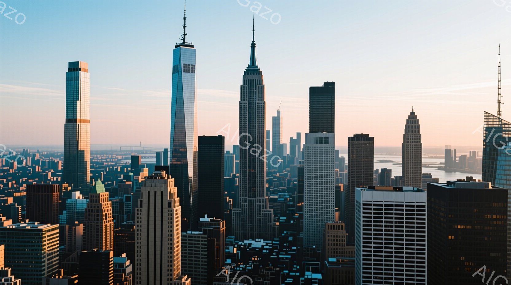 高層ビル群が密集し、ニューヨークのマンハッタン地区の風景が広がっている。朝日に照らされたビルはそれぞれ異なる高さとデザインを持ち、都市の活気を感じさせる。遠方には水面が広がり、薄曇りの空が広がっている。
