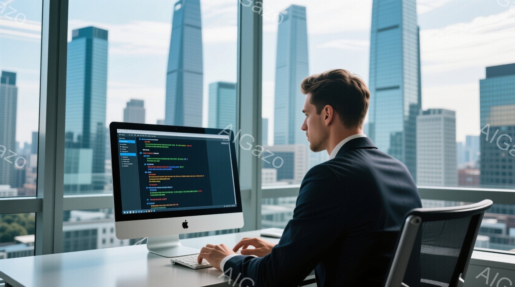 スーツを着た男性が、大きな窓のあるオフィスでパソコンに向かっています。彼は真剣な表情でキーボードを操作しており、背筋が伸びた姿勢で集中している様子が伺えます。背景には高層ビル群が広がり、晴れた日の穏やかな光が差し込んでいます。