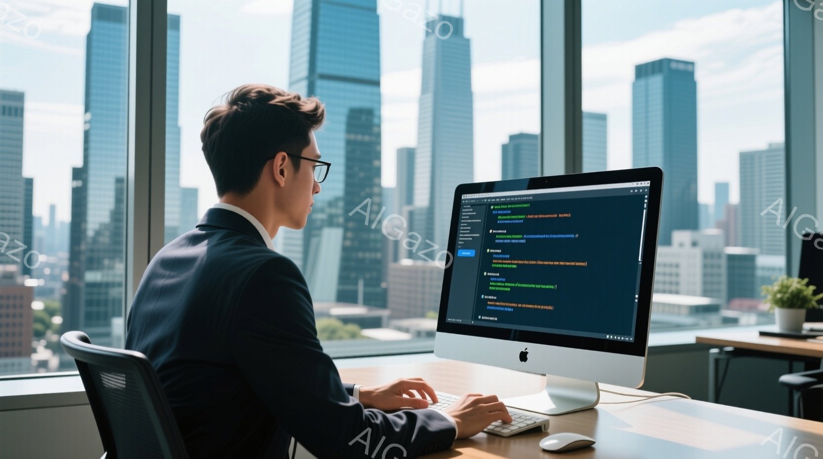 背の高い男性がオフィスでコンピューターに向かっています。彼は黒いスーツとメガネをかけており、髪は短く整えられています。背後には高層ビル群が広がり、晴天で明るい日差しが差し込んでおり、モダンで洗練された - AI生成フリー素材