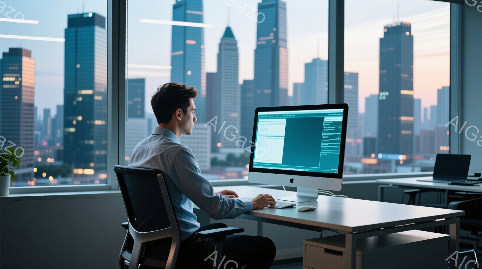 一人の男性が明るいオフィスでパソコンに向かって座っています。彼は青いシャツを着ており、後ろ姿からは真剣な表情が伺えます。窓の外には高層ビル群が広がり、夕暮れ時の街並みを背景に、都会的で集中した雰囲気が漂っています。