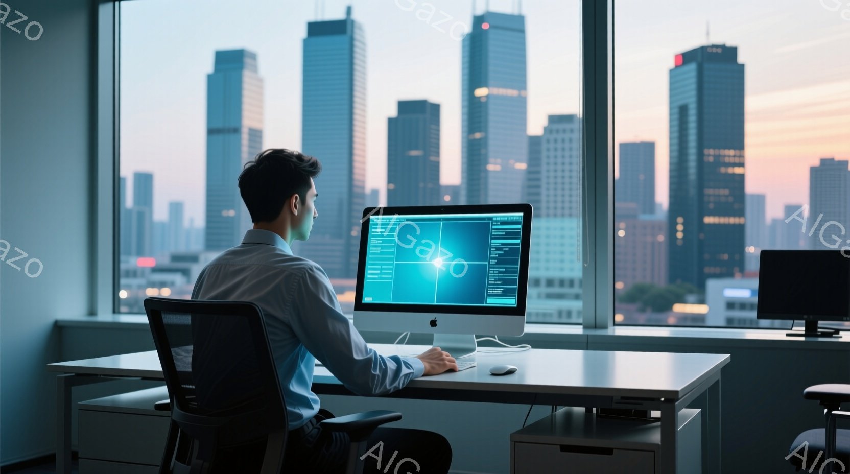 白いシャツを着た男性が、高層ビルが並ぶ街並みを背景に、明るい光を放つコンピュータ画面に向かって座っています。彼は背筋を伸ばして座り、キーボードを操作しているようです。夕暮れ時の空と高層ビルのシルエット - AI生成フリー素材