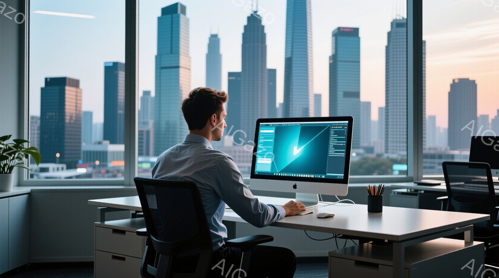 背の高い高層ビル群を背景に、男性がデスクに向かってパソコンを使用している様子が写っています。彼は白いシャツを着ており、短髪で後ろ姿しか見えません。室内は明るく、現代的で洗練された雰囲気で、夕暮れ時の空が窓から差し込み、穏やかな光を室内にもたらしています。