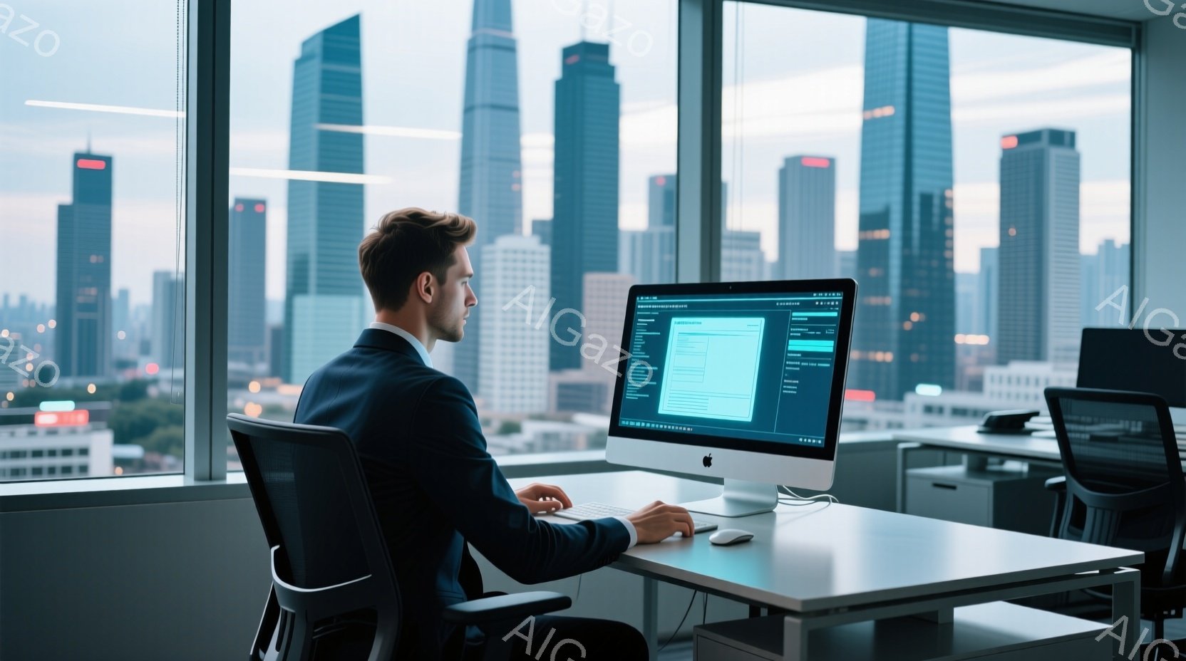 スーツを着た男性が、大きな窓のあるオフィスでパソコンに向かっています。彼は背筋を伸ばして座り、集中した表情でキーボードを操作しています。背景には高層ビル群が広がり、薄暗い空が現代的な都会の雰囲気を醸し - AI生成フリー素材
