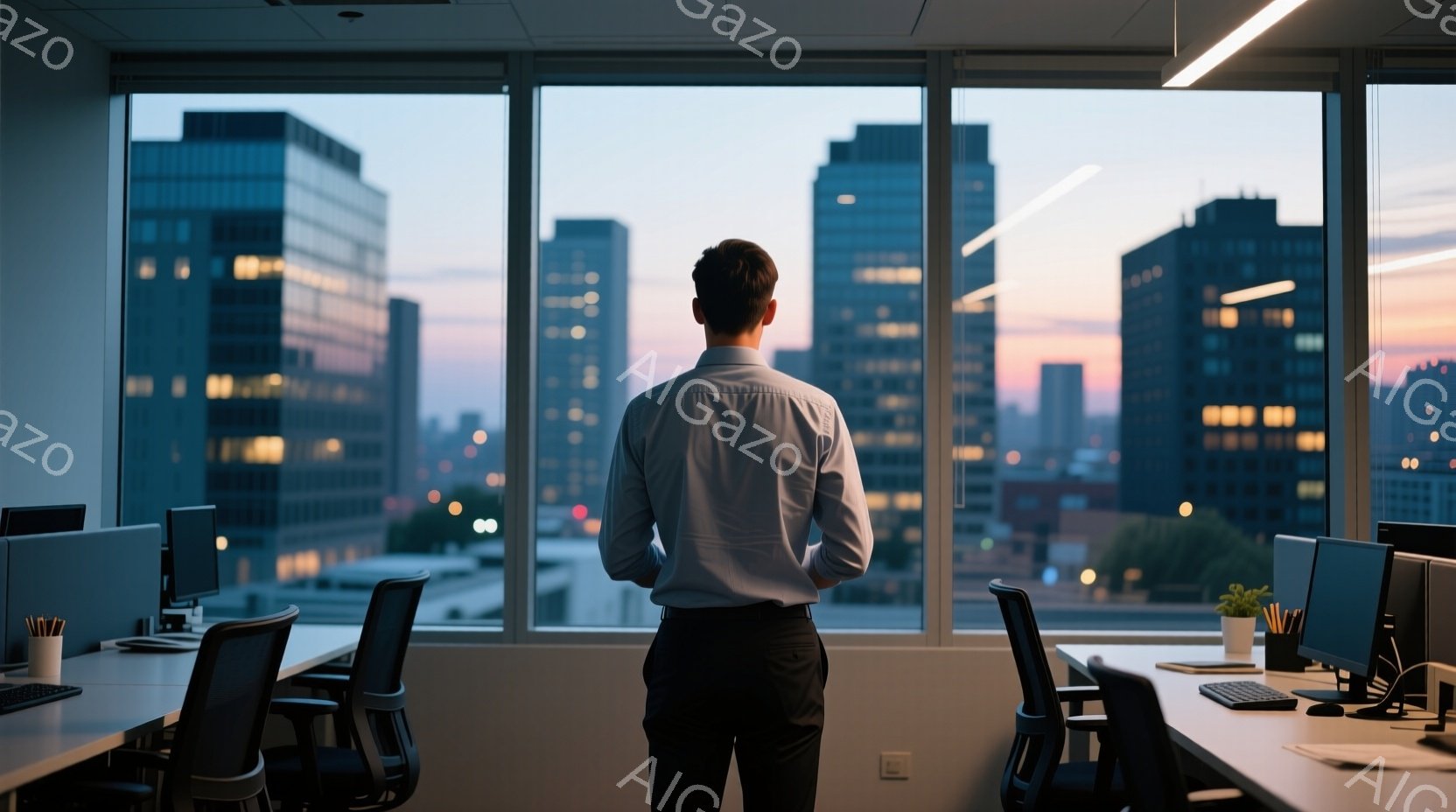 白いシャツに黒いズボンを着用した男性が、オフィスらしき場所の大きな窓から都市の夜景を見下ろしている。彼は背中を向けており、表情は見えないが、その姿勢は物思いにふけっているようにも見える。背景には高層ビ - AI生成フリー素材
